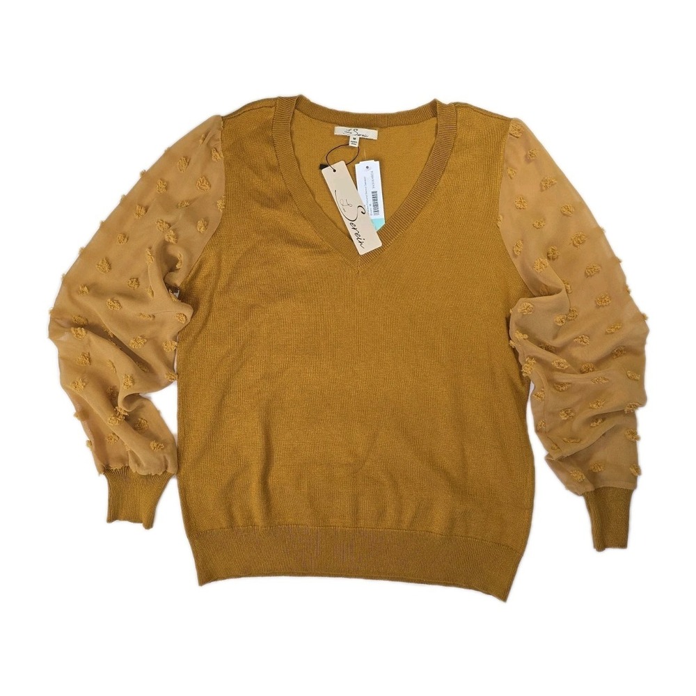 New Les Serein Sweater Womens Mustard Sheer Sleeve Medium‎